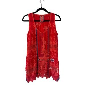 Johnny Was Orange Embroidered Crochet Lace Tunic Top Size S Boho V Neck Light